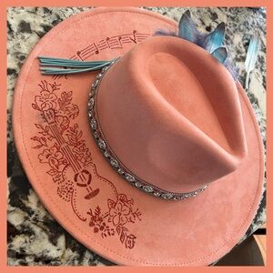 Custom Burnt Guitar and Notes Peach Fedora with Feather Accent, with Bling.